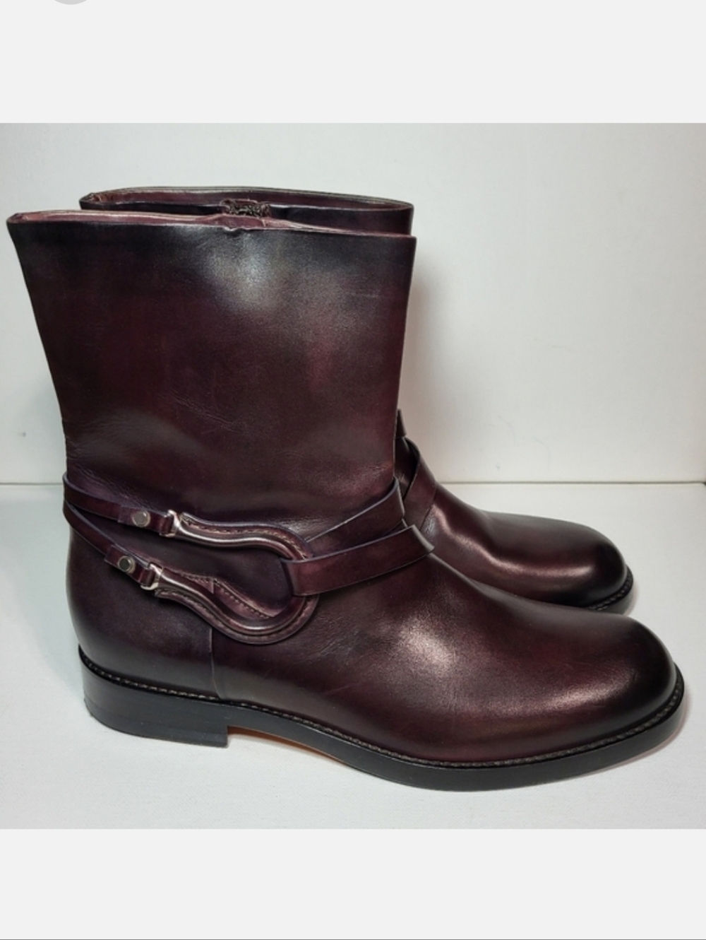Santoni Burgundy Italian Leather Mid Calf Boots Women's Size 38.5